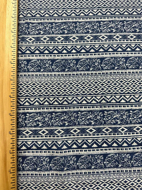 Blue and White Multi Stripe Print Rayon Challis Fabric