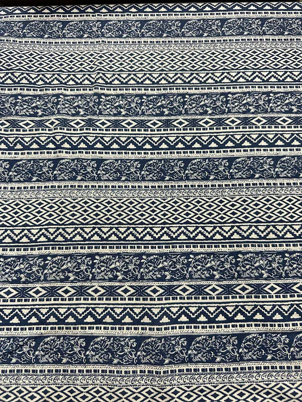 Blue and White Multi Stripe Print Rayon Challis Fabric