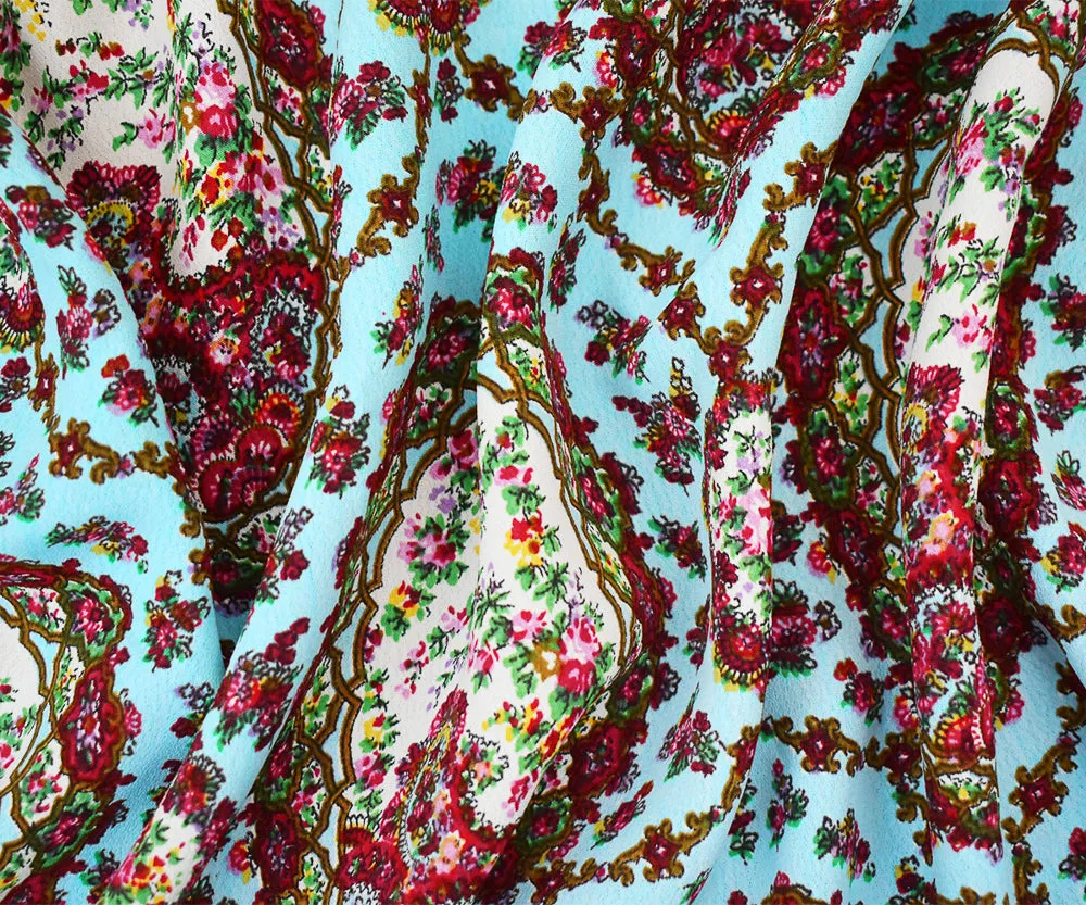 Blue-Red-Multi Floral Frame Trellis Printed Rayon Crepe Faille Fabric