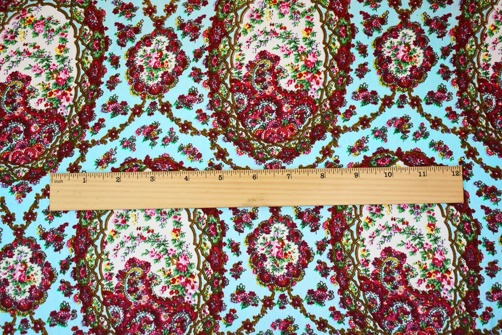 Blue-Red-Multi Floral Frame Trellis Printed Rayon Crepe Faille Fabric