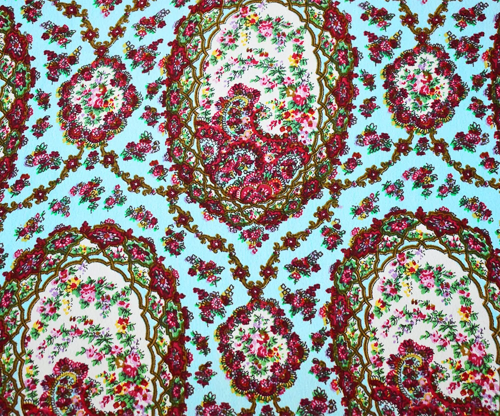 Blue-Red-Multi Floral Frame Trellis Printed Rayon Crepe Faille Fabric