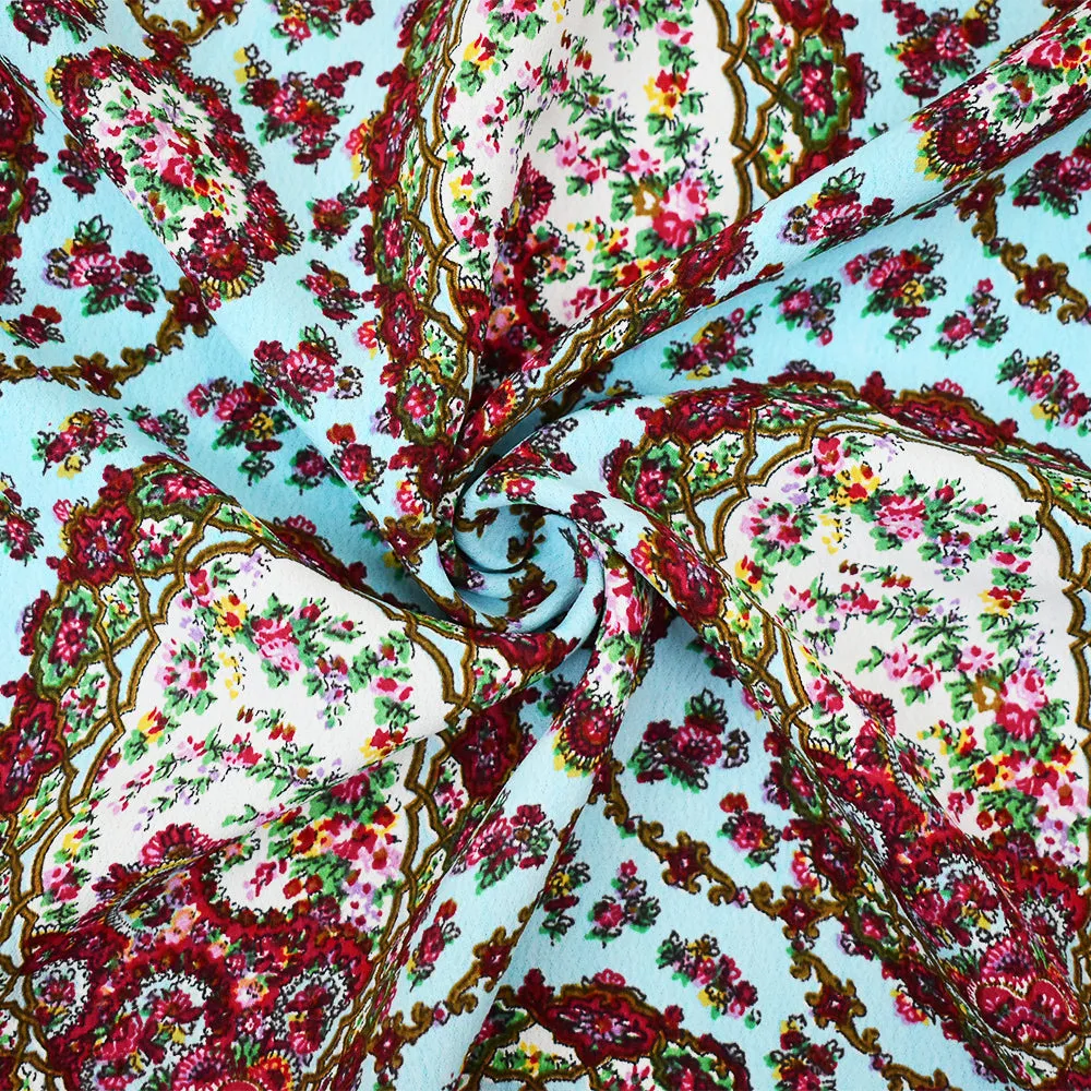 Blue-Red-Multi Floral Frame Trellis Printed Rayon Crepe Faille Fabric