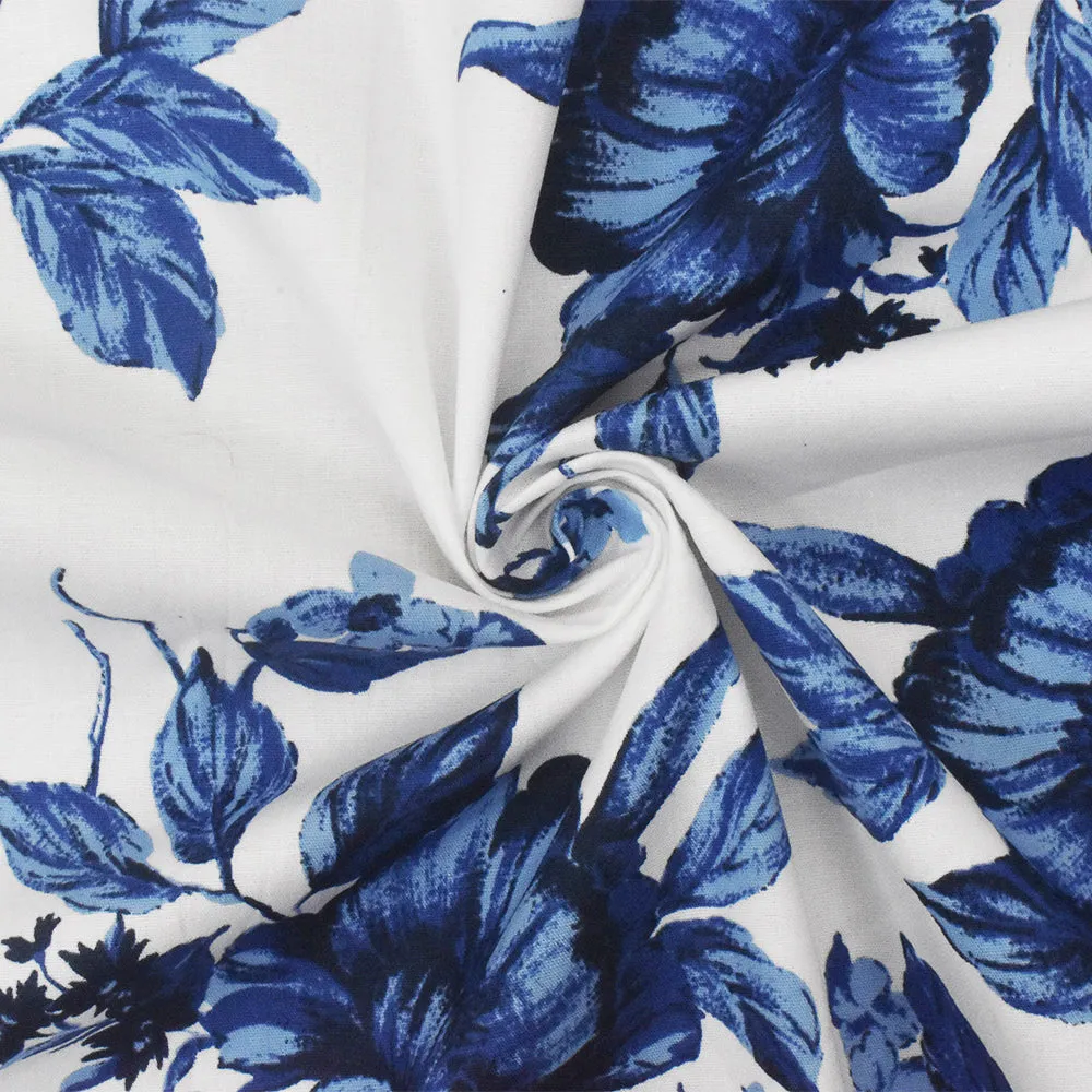 Blue-White-Multi Floral Border Printed Stretch Cotton Poplin Woven Fabric