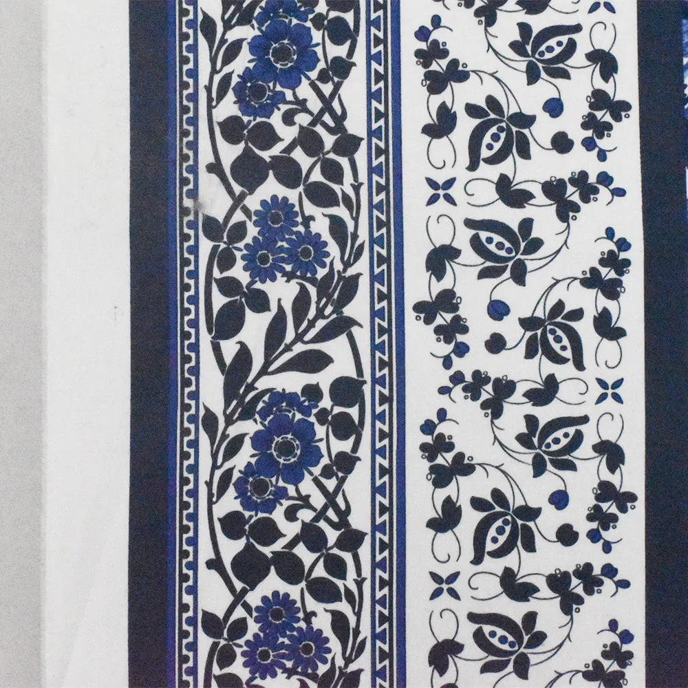 Blue-White-Multi Floral Border Printed Stretch Cotton Poplin Woven Fabric