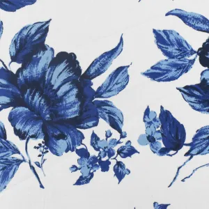 Blue-White-Multi Floral Border Printed Stretch Cotton Poplin Woven Fabric