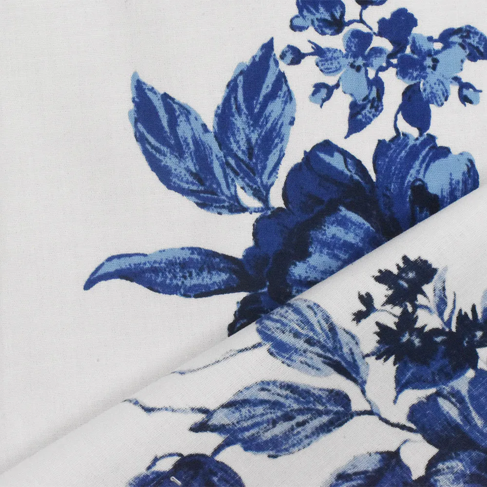 Blue-White-Multi Floral Border Printed Stretch Cotton Poplin Woven Fabric