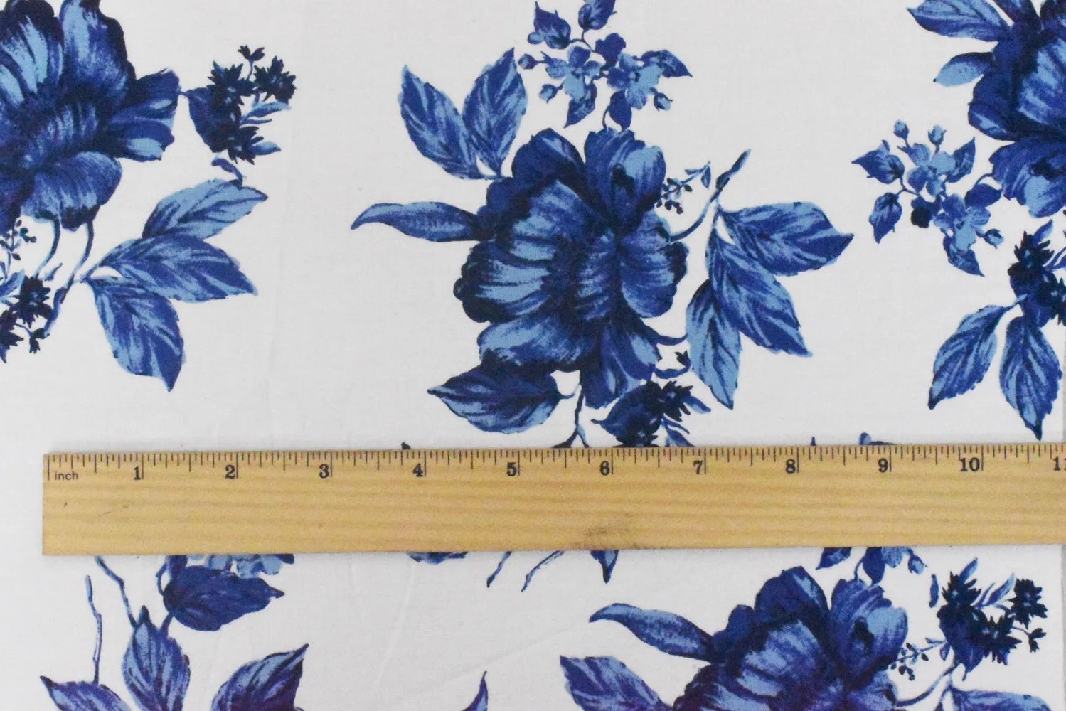 Blue-White-Multi Floral Border Printed Stretch Cotton Poplin Woven Fabric