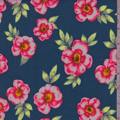 Blue/Hot Pink Floral Double Brushed Jersey Knit Fabric