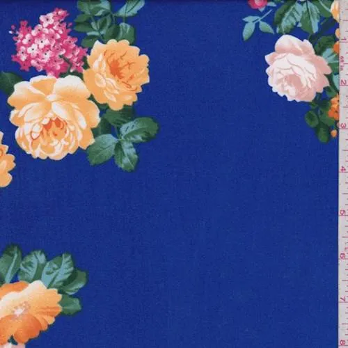 Bright Cobalt Floral Cluster Double Brushed Jersey Knit Fabric