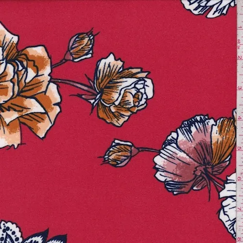 Fire Red/White Stylized Floral Double Brushed Jersey Knit Fabric