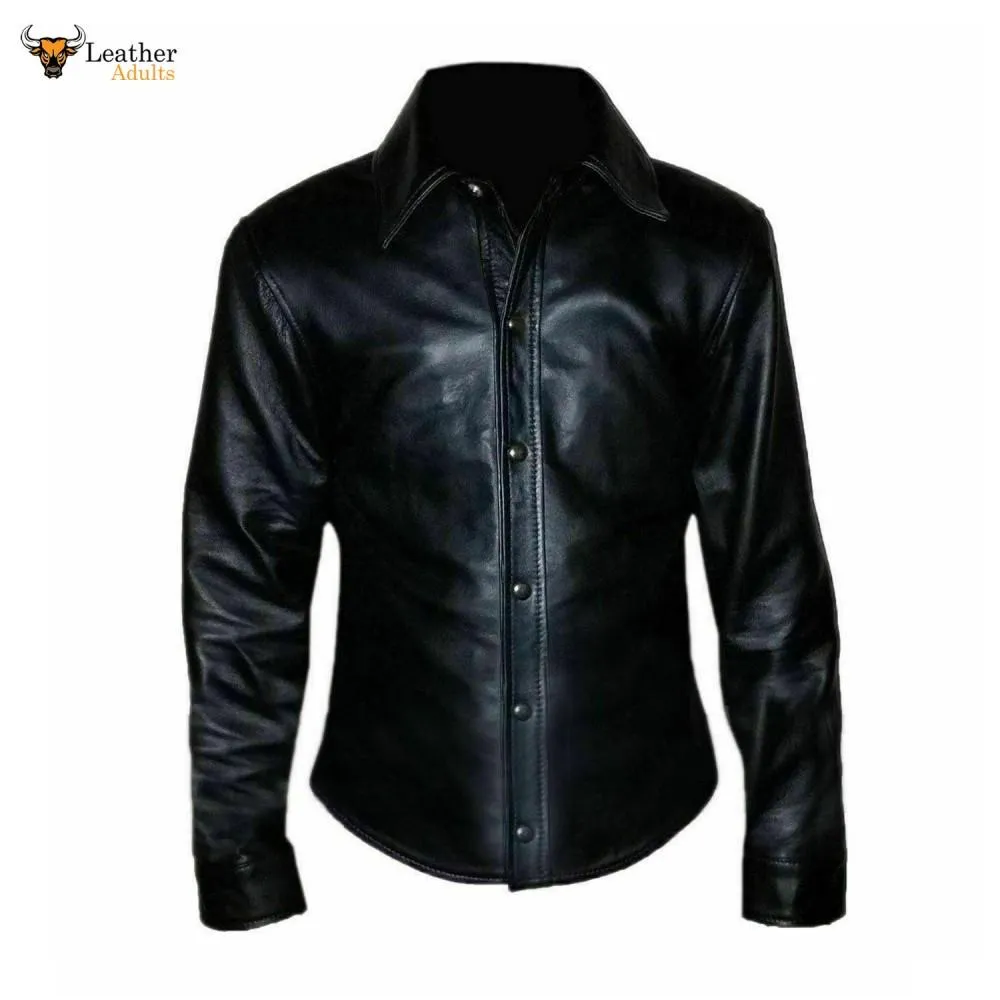 Men's Black Real Sheep Leather Very Hot and Soft Full Sleeve Shirt BLUF Gay Shirt