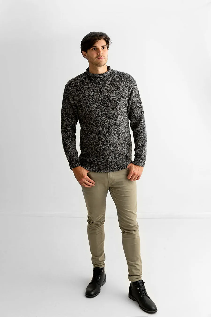 Mens Chunky Roll Neck Jumper - Black Pebble