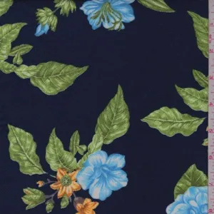 Navy Blue/Sky Floral Double Brushed Jersey Knit Fabric