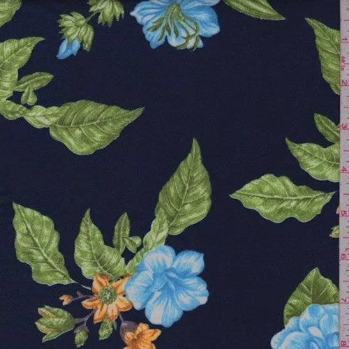 Navy Blue/Sky Floral Double Brushed Jersey Knit Fabric