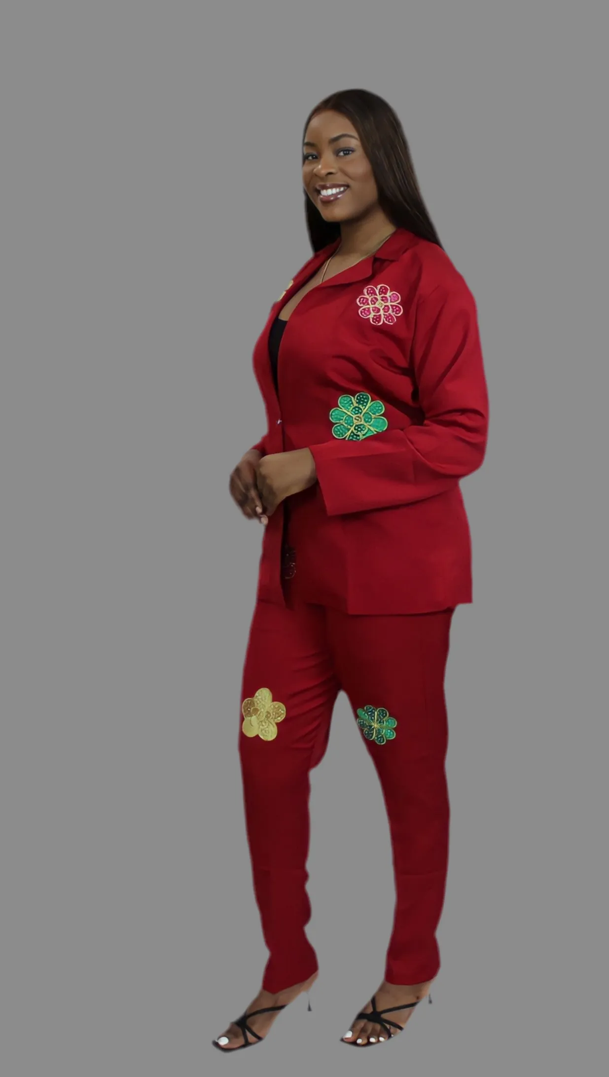 Red Women’s Suit Set with Floral Embroidery – Elegant Two-Piece Outfit