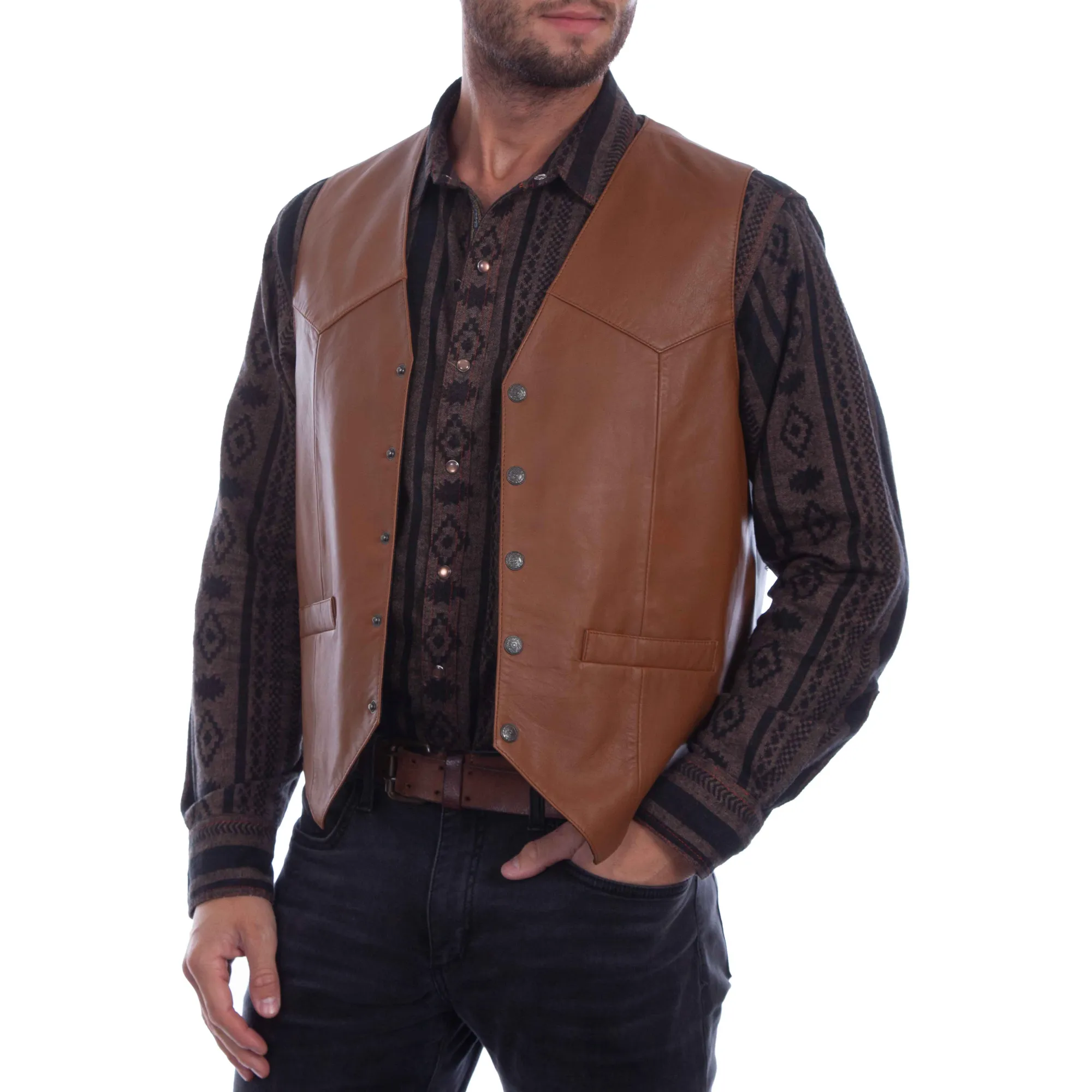 Scully Men's Saddle Tan Lambskin Snap Down Vest 507-15