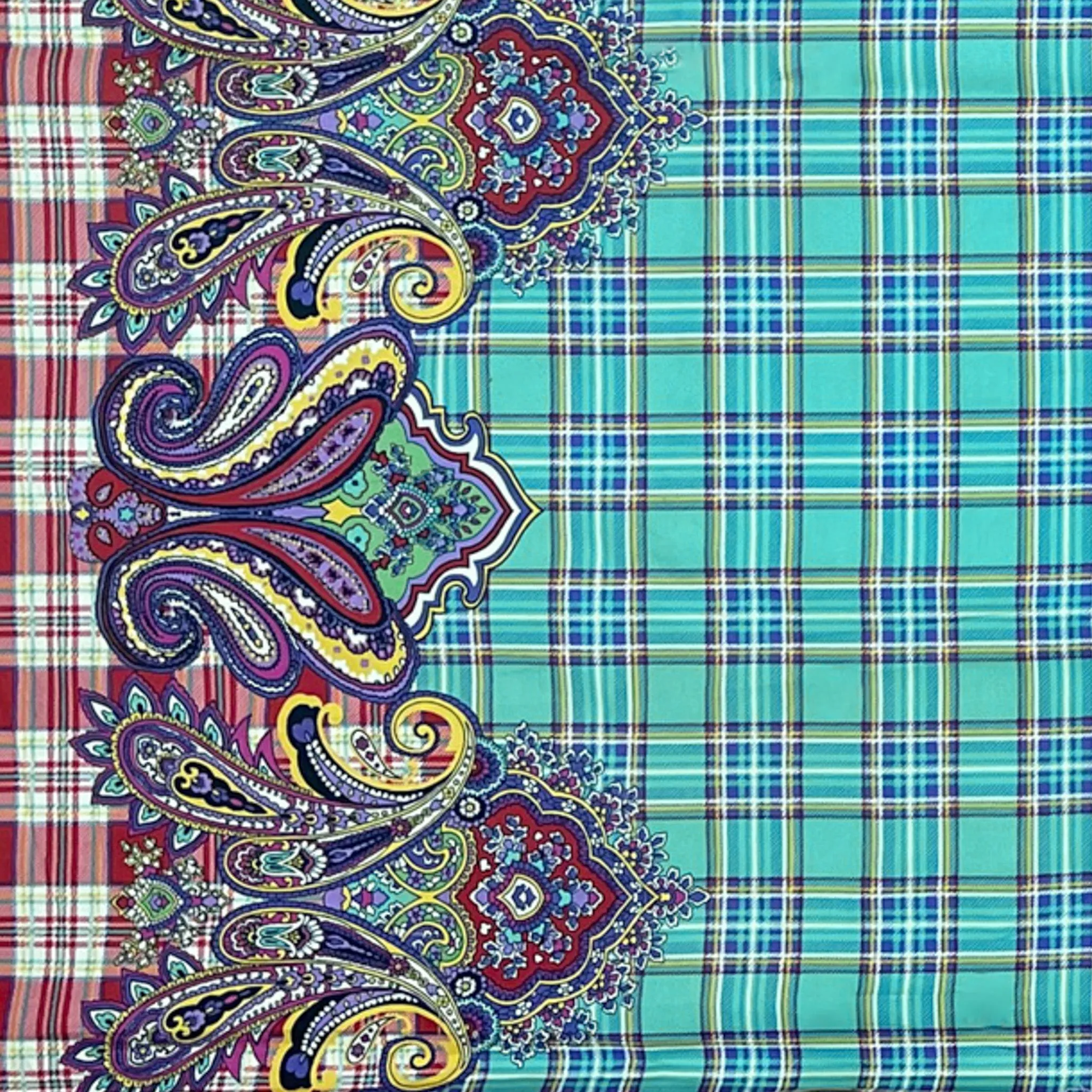 Teal-Multi Plaid With Paisley Border Printed Cotton Poplin Woven Fabric