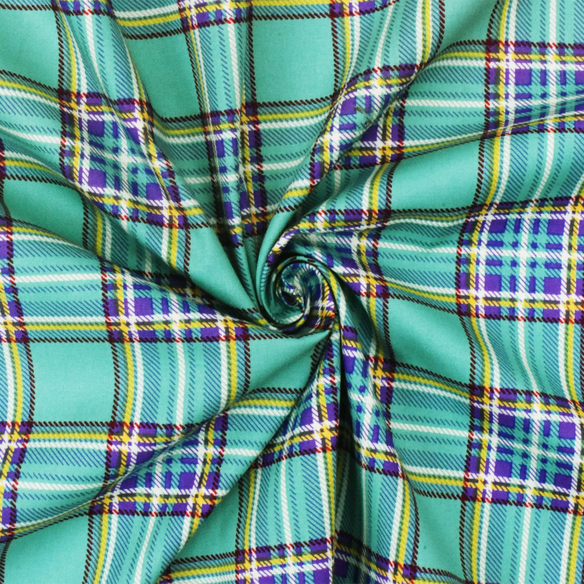 Teal-Multi Plaid With Paisley Border Printed Cotton Poplin Woven Fabric