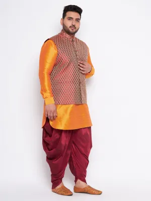 VASTRAMAY Men's Maroon Jacket and Orange Kurta Set