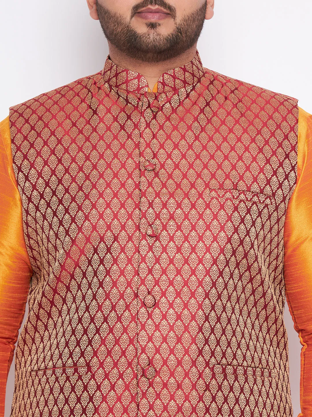 VASTRAMAY Men's Maroon Jacket and Orange Kurta Set