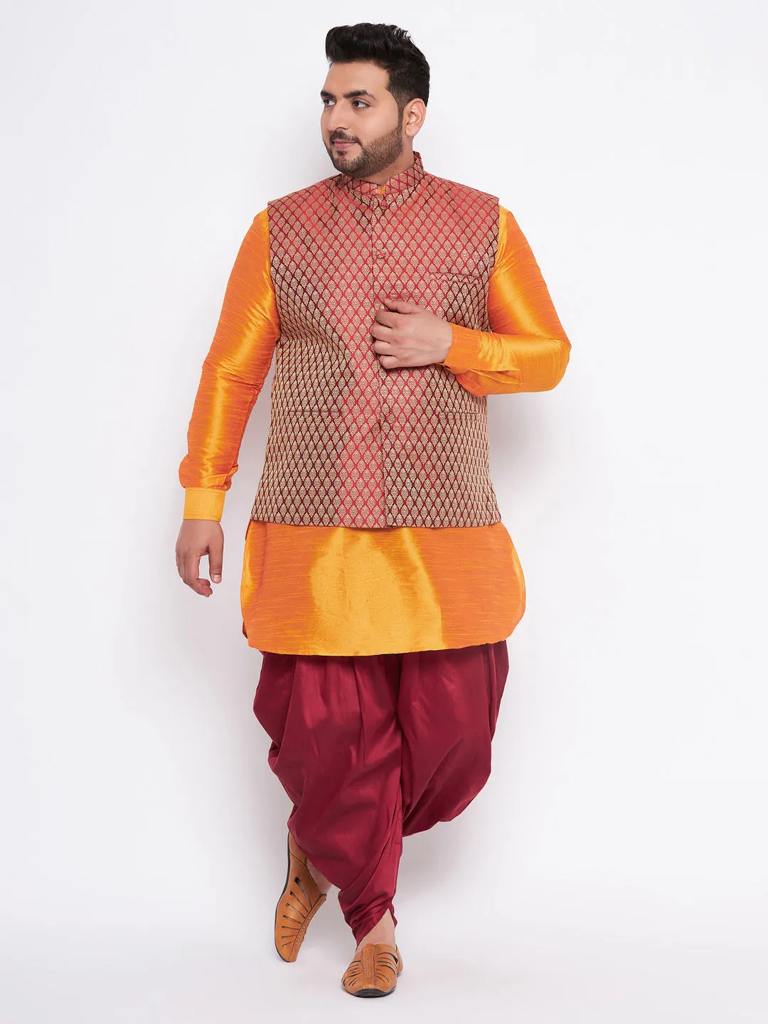 VASTRAMAY Men's Maroon Jacket and Orange Kurta Set