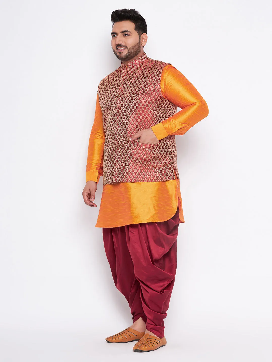 VASTRAMAY Men's Maroon Jacket and Orange Kurta Set