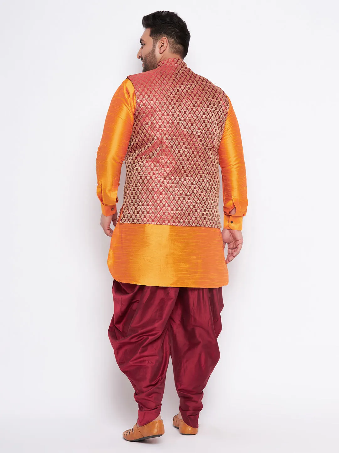 VASTRAMAY Men's Maroon Jacket and Orange Kurta Set