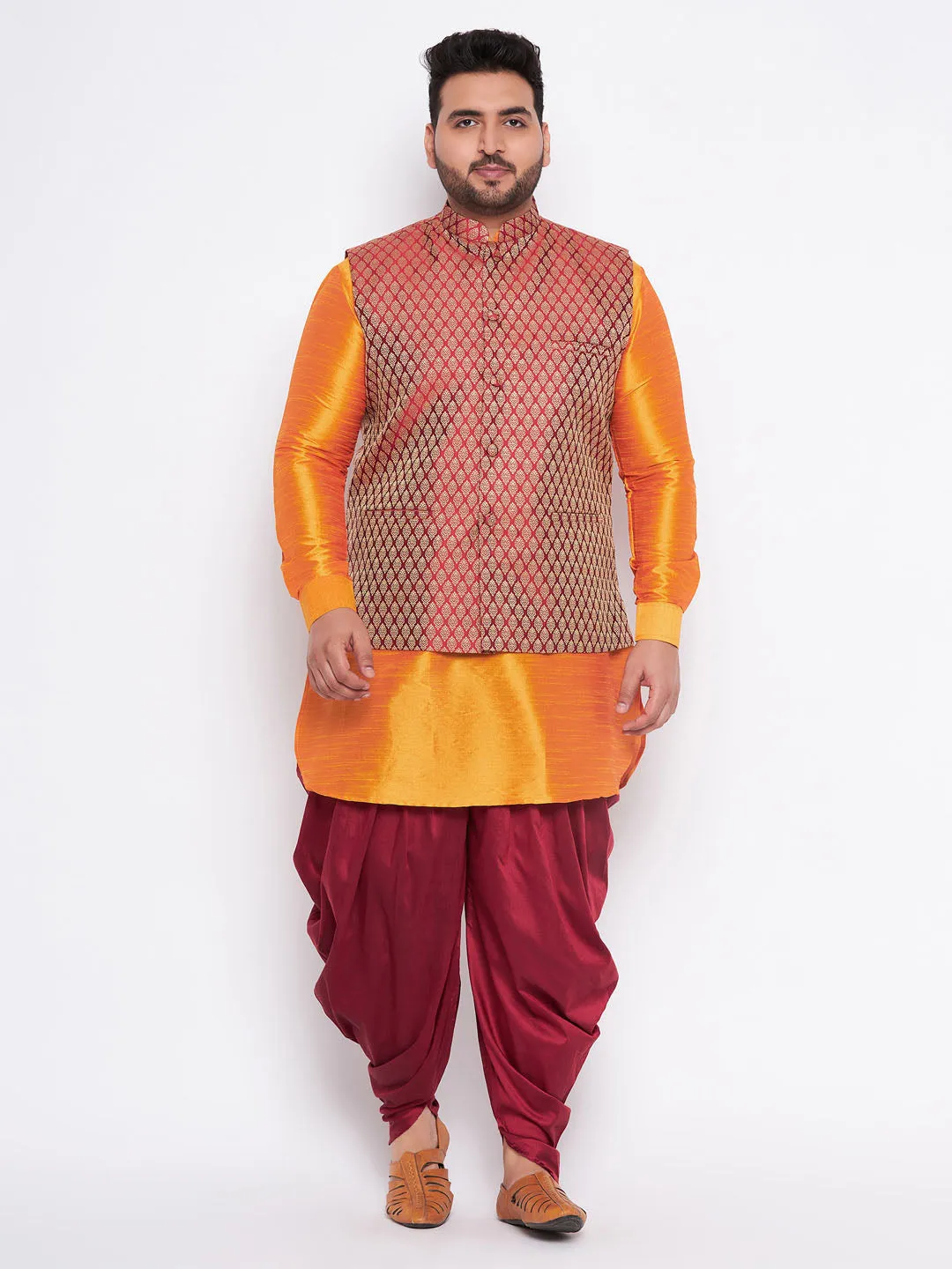 VASTRAMAY Men's Maroon Jacket and Orange Kurta Set