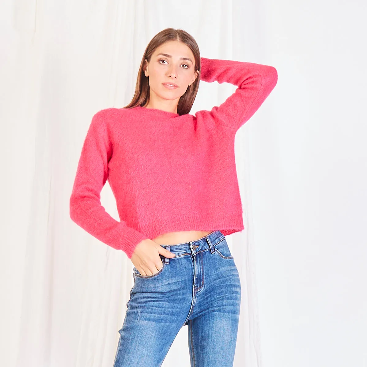 Wholesale chunky mohair-knit cropped sweater