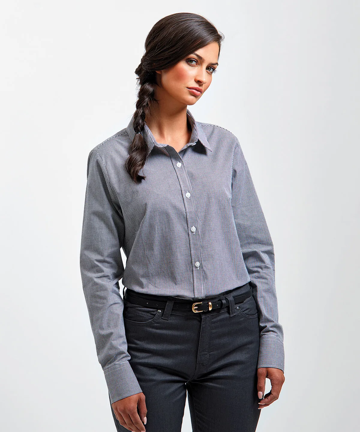 Womens Microcheck (Gingham) long sleeve cotton shirt | Navy/White